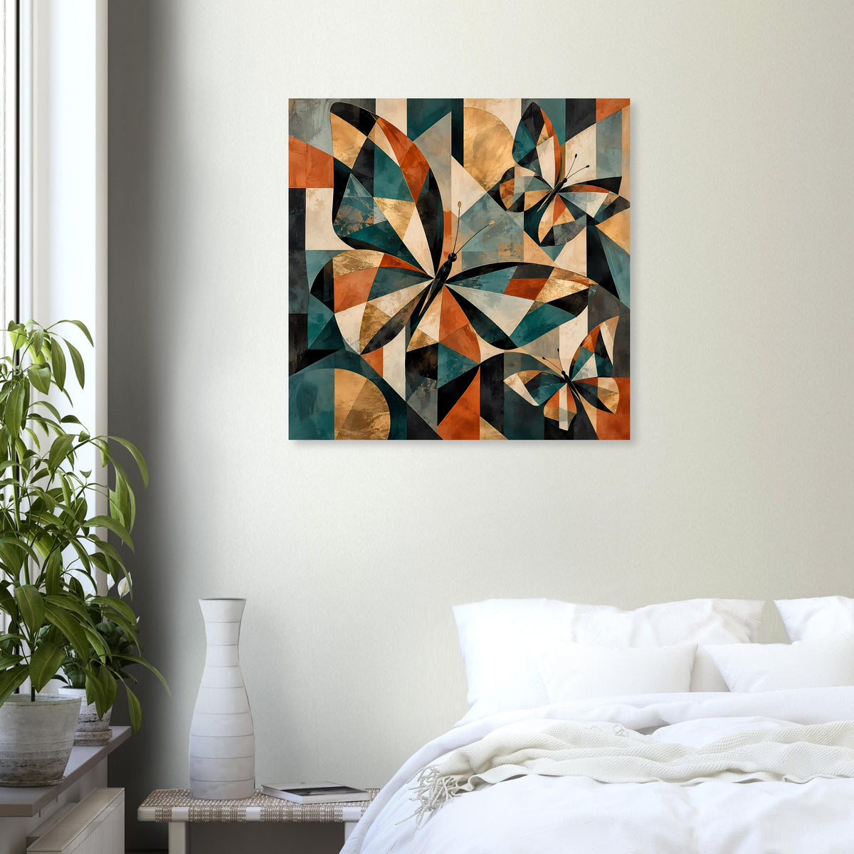 Quadratisches Kunstposter mit geometrischen Schmetterlingen in erdigen Farbtönen und Türkis