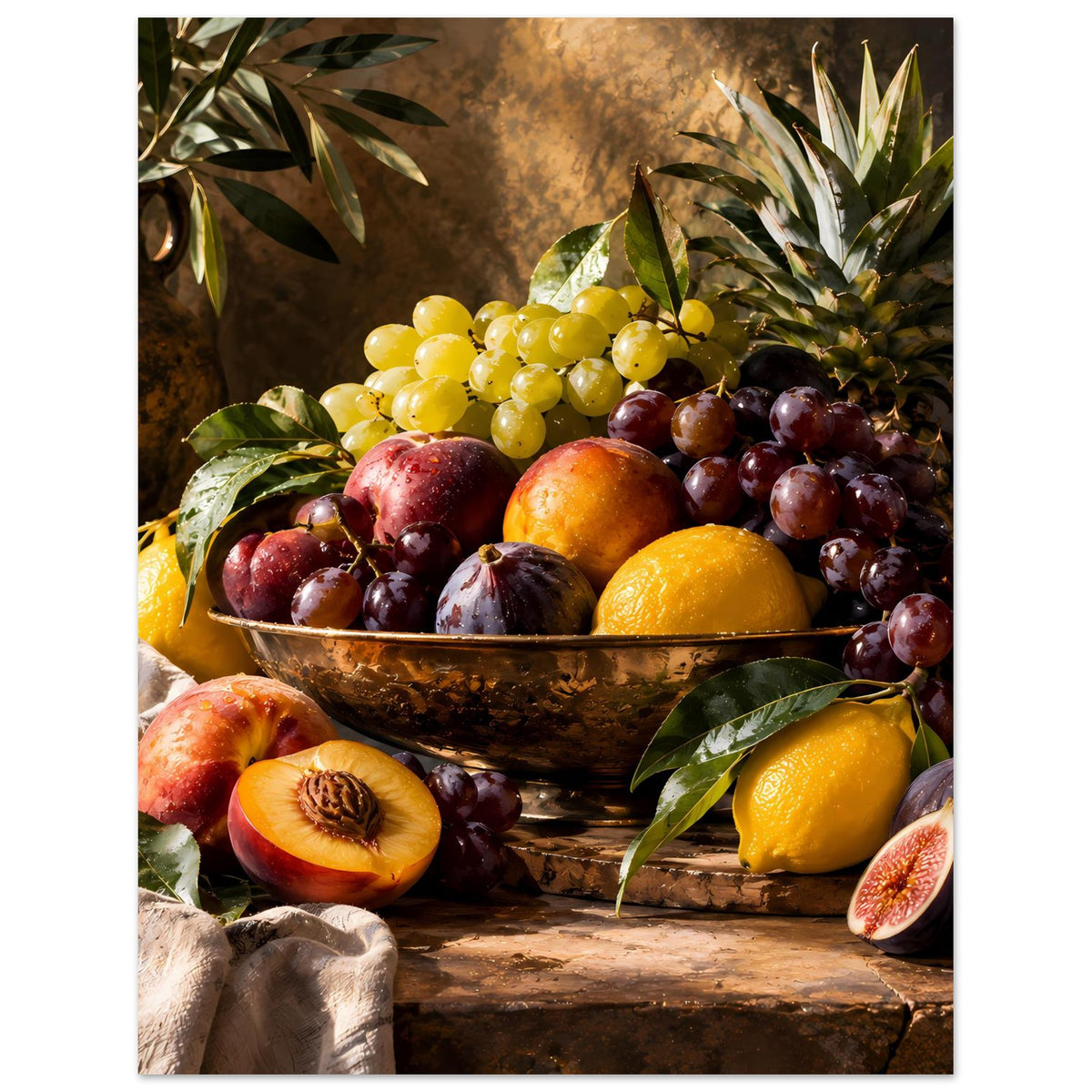 Obststillleben-Poster mit Schale voller Trauben, Pfirsich-/Zitrusstücke und grünen Blättern