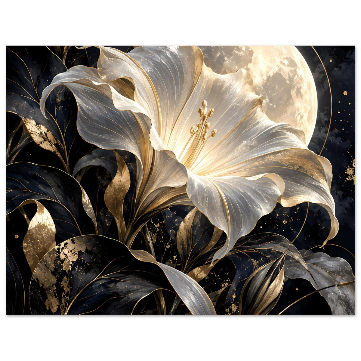Poster im Hochformat: große weiß-goldene Blüte mit goldenen Staubfäden und Mondsichel