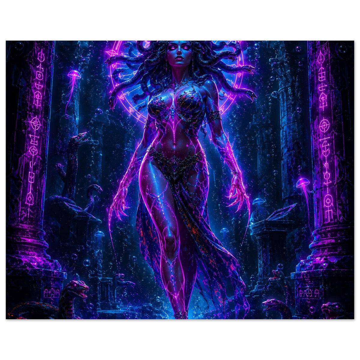 Poster mit Medusa in violettem Neon, langer Körper mit Ornamenten, Säulen und Lichtschimmer