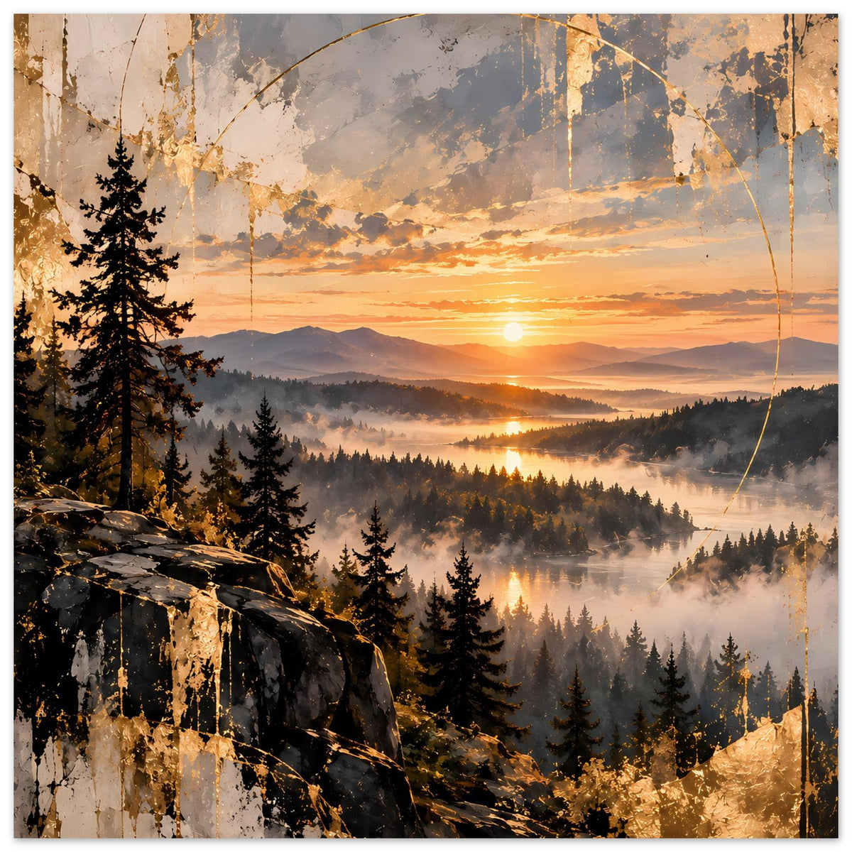 Landschaftsposter mit Sonnenuntergang, Tannenwald und Nebel über sanften Hügeln