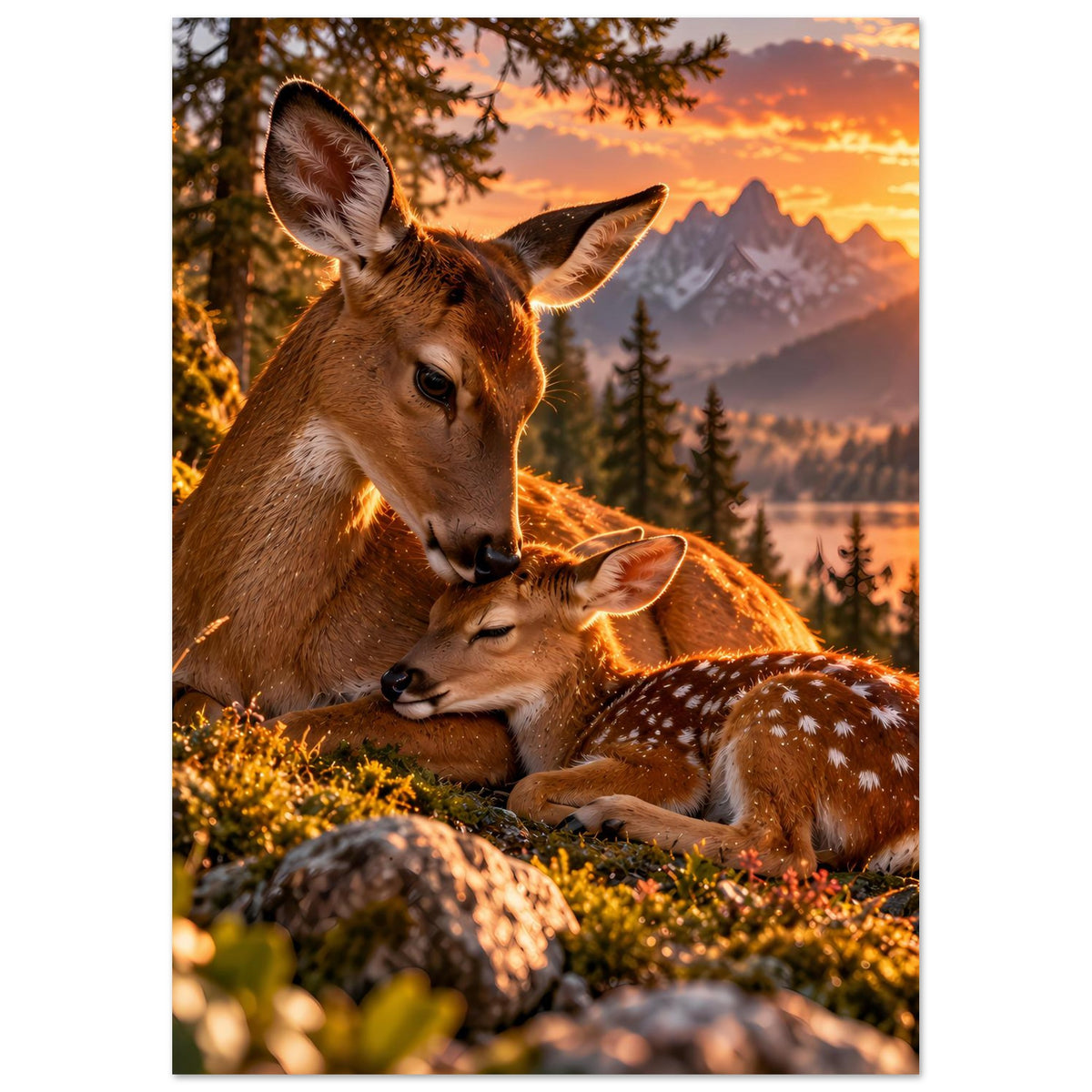 Poster im Hochformat mit Hirsch und Reh, orangefarbenes Abendlicht, Tannen und Berge