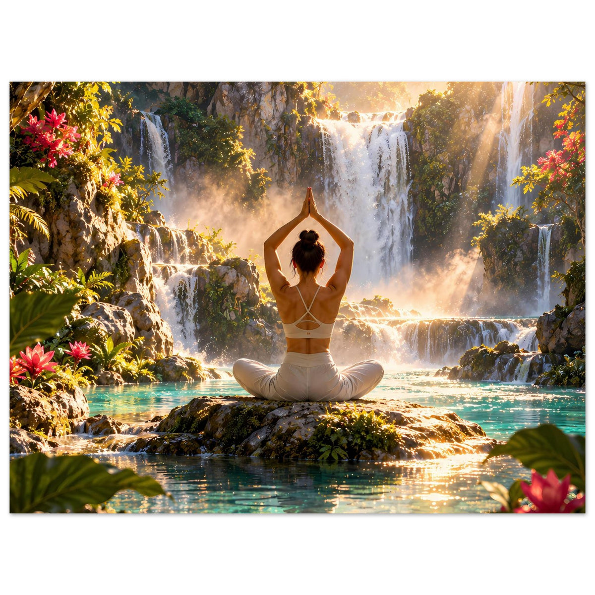 Yoga-Meditationsposter: Lotussitzende Frau, Wasserfalllandschaft mit türkisfarbenem Wasser