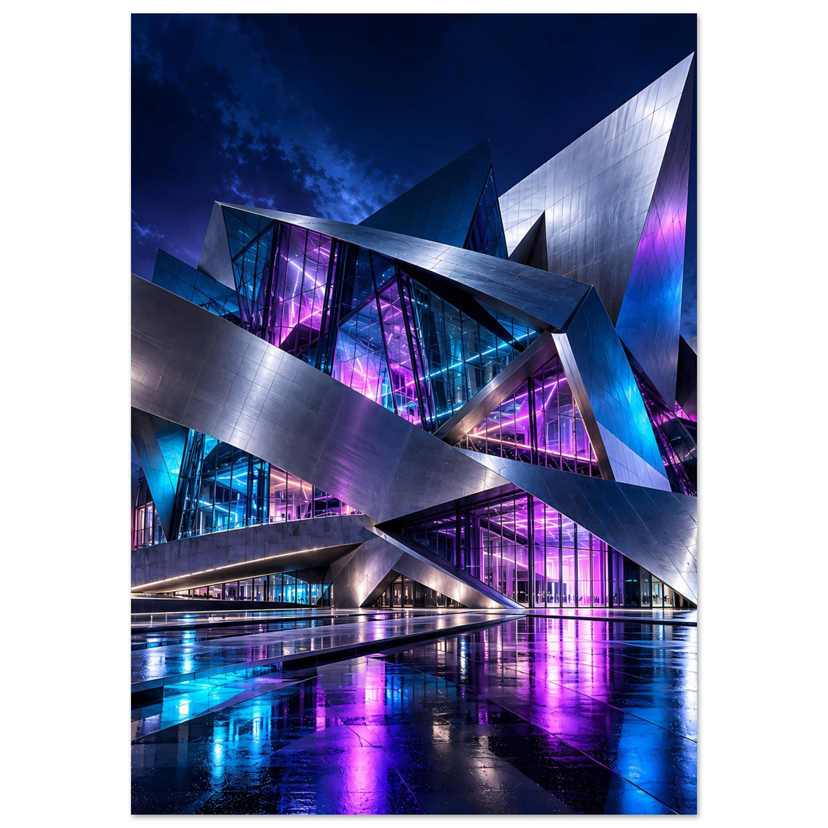 Futuristisches Architekturposter, Hochformat: moderne Architektur mit violetten Lichtfenstern