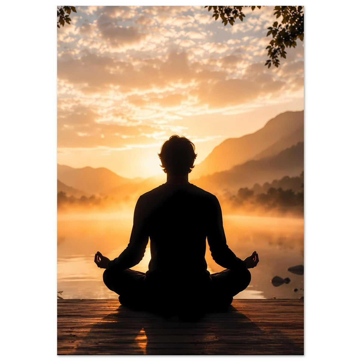 Poster Hochformat mit Meditationssilhouette beim Sonnenaufgang über See und Berge.