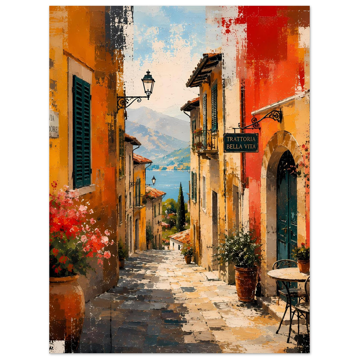 Mediterranes Wandposter mit italienischer Gasse, Orange/Rot, blauen Fensterläden, Blumen und Lampe