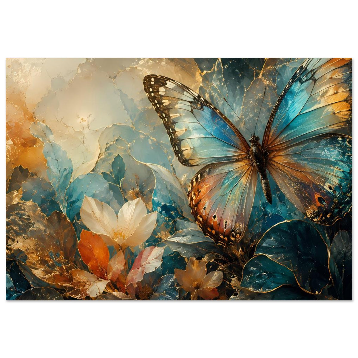Horizontales Poster mit Schmetterling und Blumenornamenten, warmes Blau, goldene Sprenkel und Linien