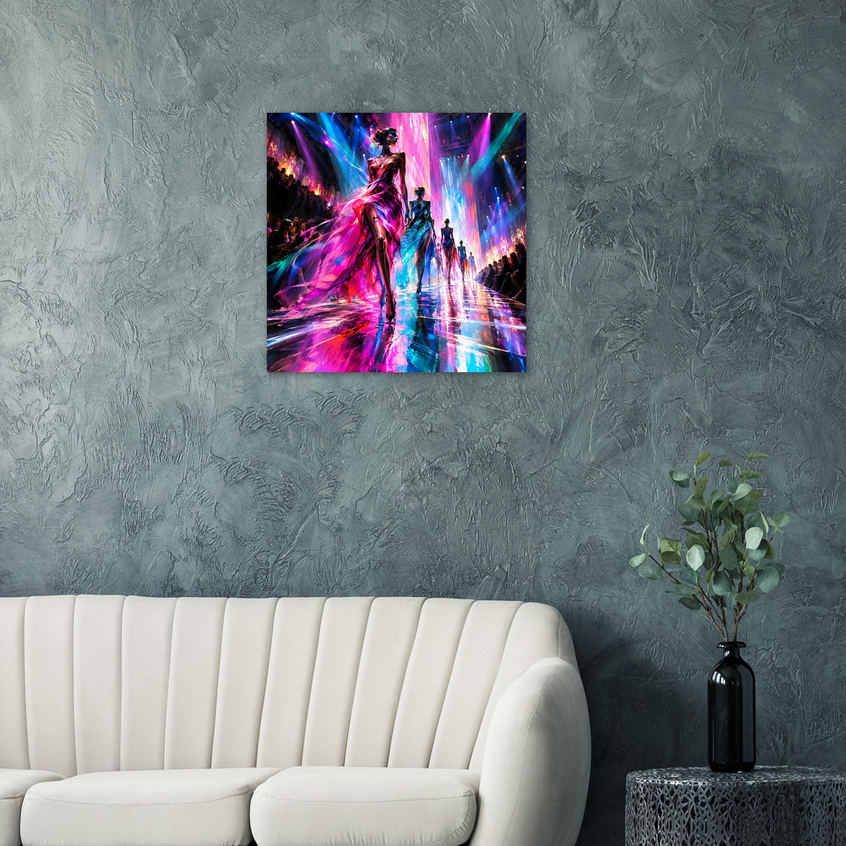 Quadratisches Wandposter mit farbenfrohem Laufsteg-Motiv, tanzender Figur im Zentrum
