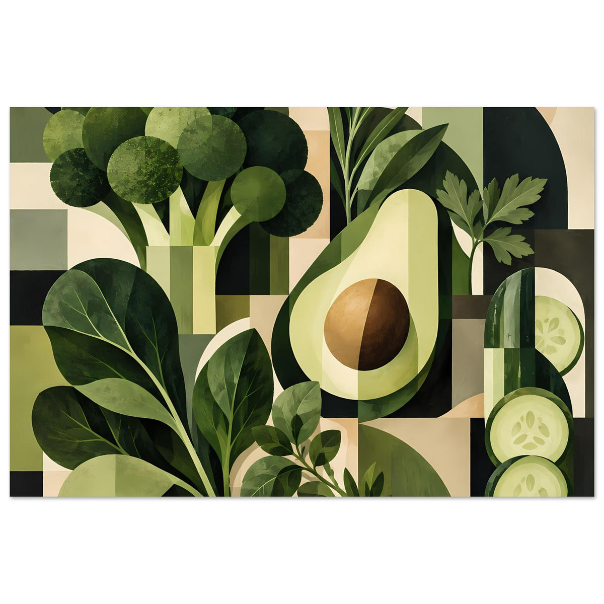 Poster im Querformat mit geometrischen Pflanzenmotiven, Avocado und Blattstrukturen