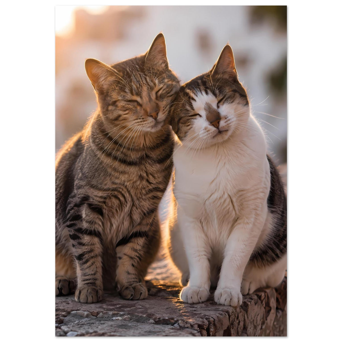 Poster mit zwei kuschelnden Katzen, braun gestreift links, weiß rechts, ruhige Haltung