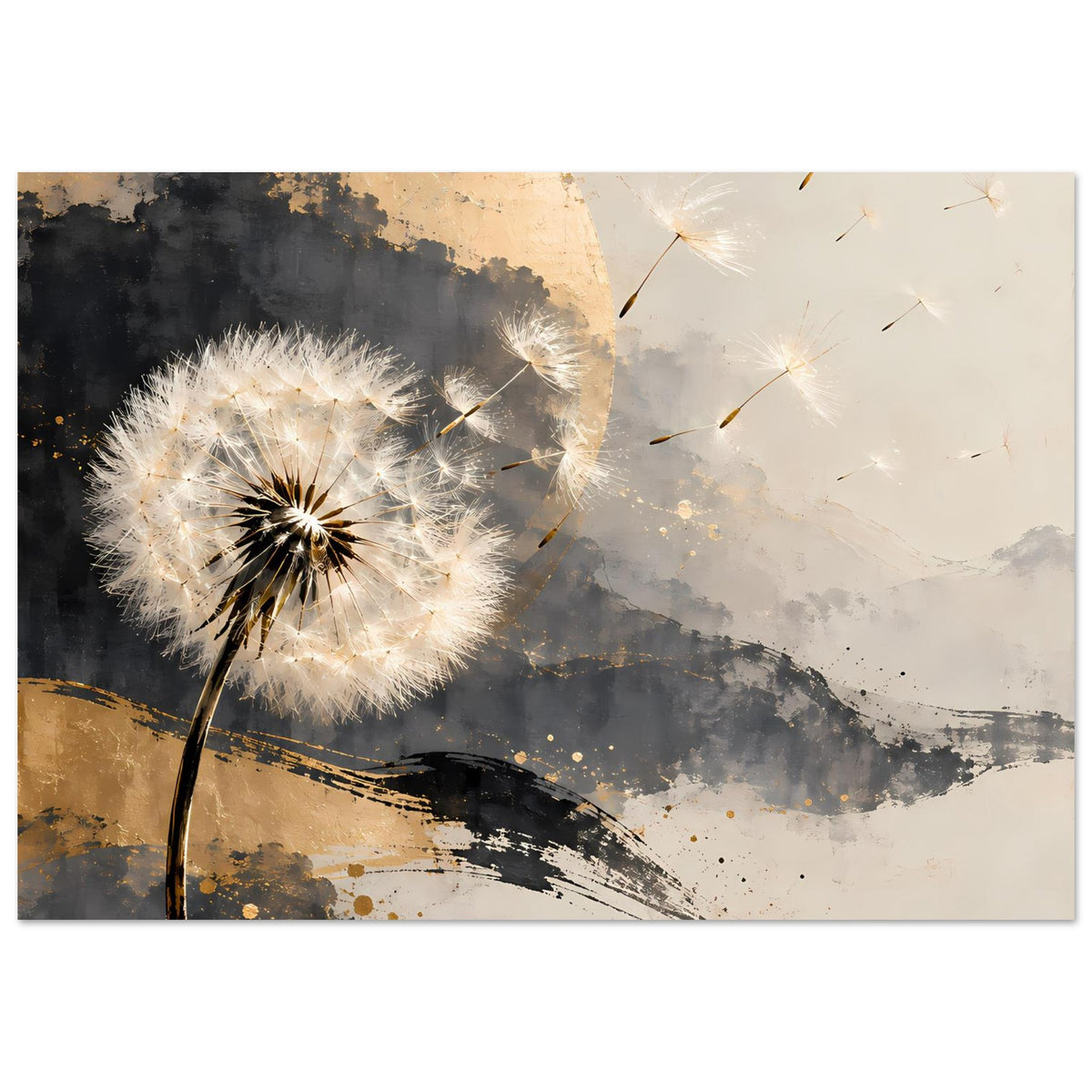 Kunstposter mit Pusteblume, abstrakten Gold- und Grauflächen, fliegenden Samen