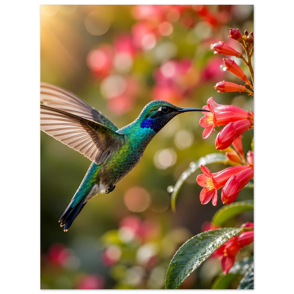 Vertikales Poster mit Kolibri und roten Blüten, Vogel zentriert, Blätter unten sichtbar