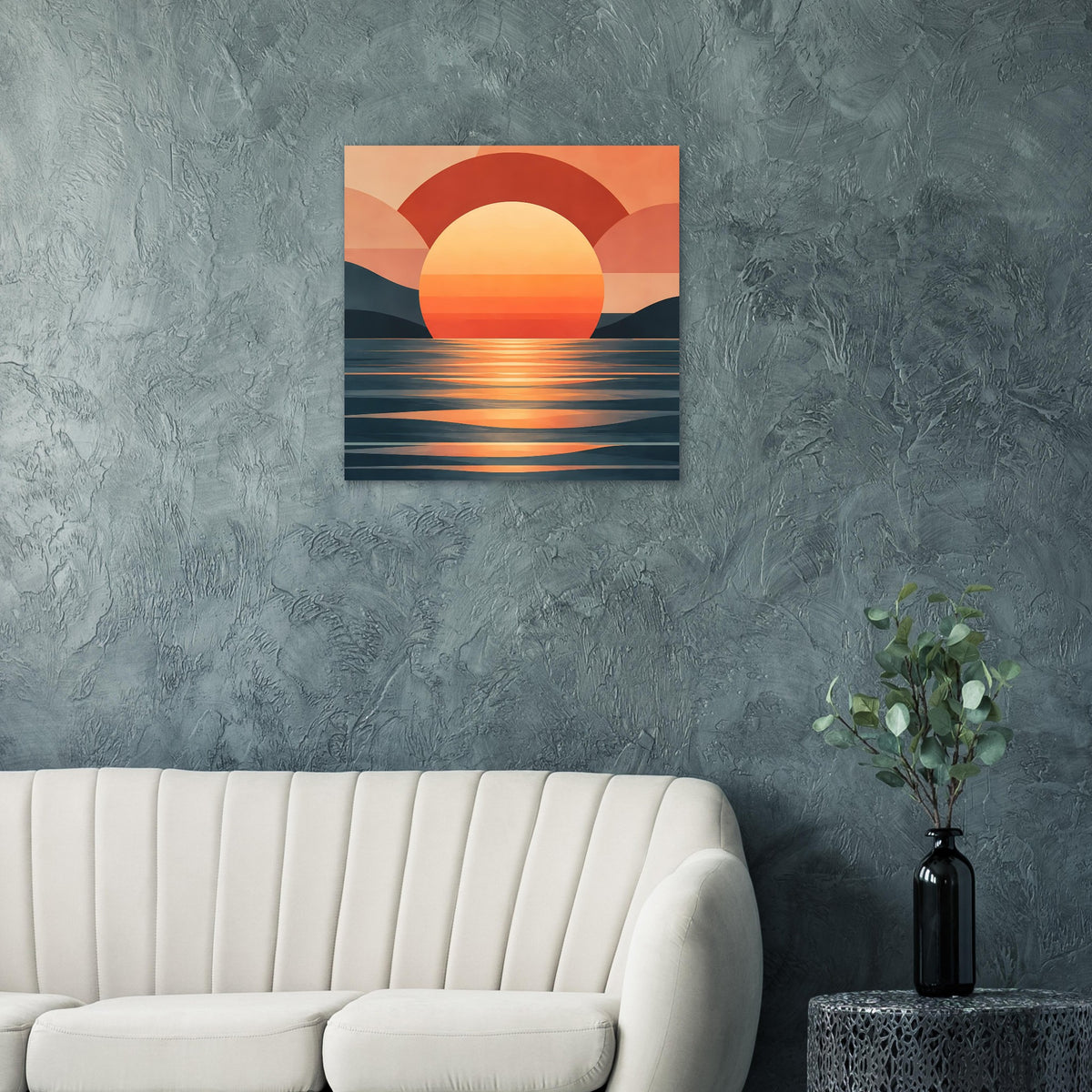 Quadratisches Wandbild mit warmen Sunset-Farben: Sonne über Meereswellen in Dunkelblau
