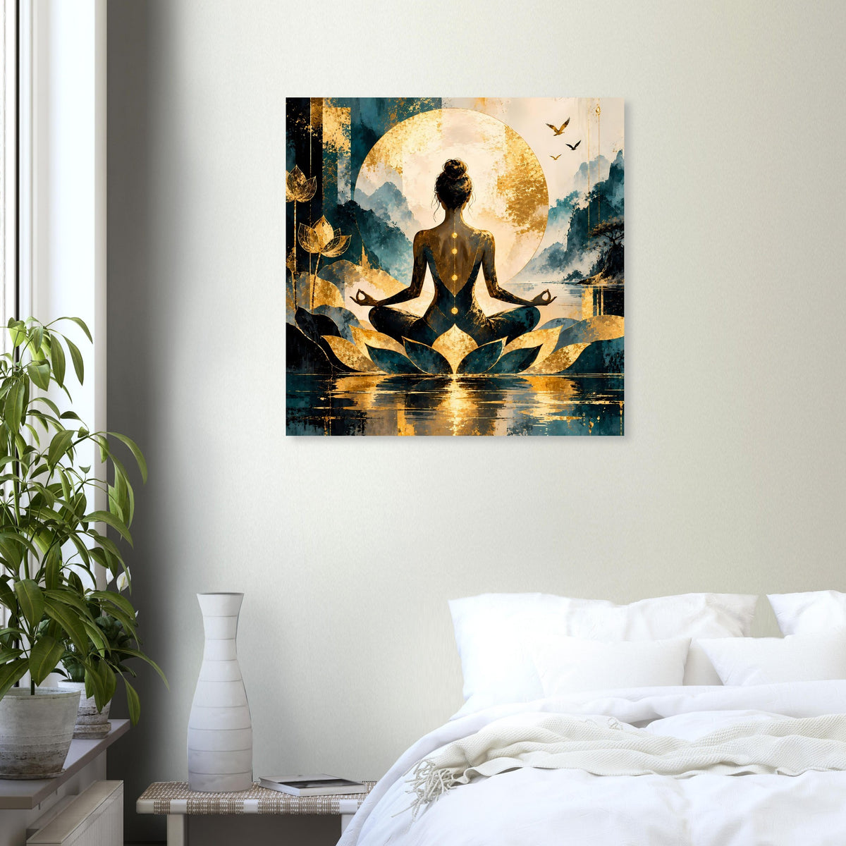 Meditationsposter mit goldenen Lotosblättern, Wasserreflexen, Meditationsfigur und kleinen Vögeln