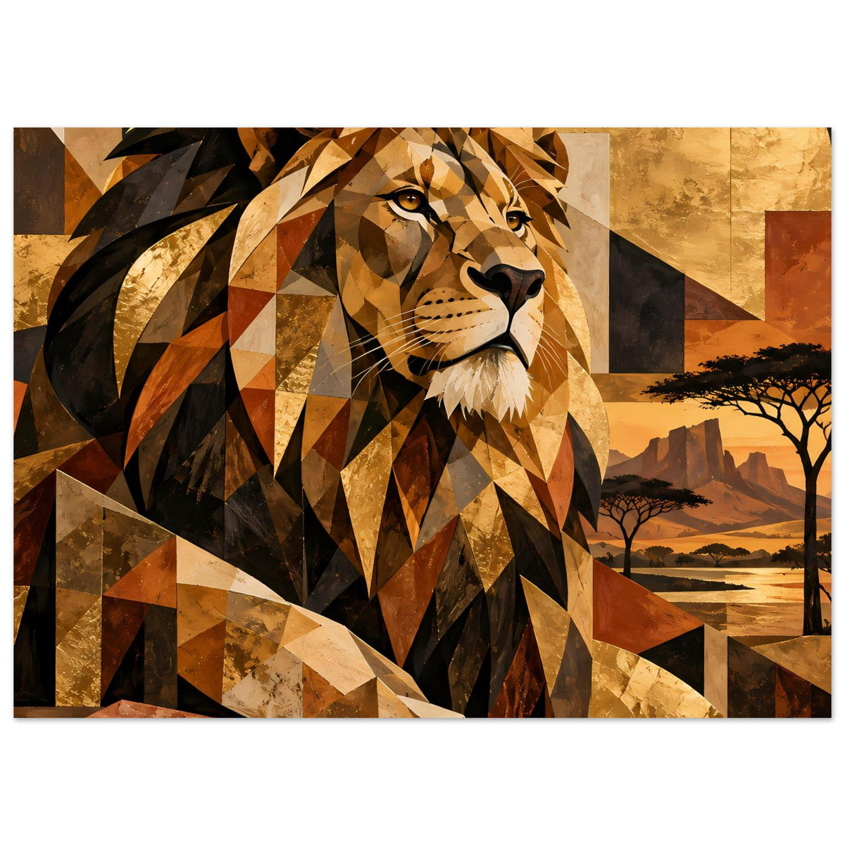 Geometrisches Löwenposter, horizontal: Löwe im Profil mit goldener Mähne und Landschaft