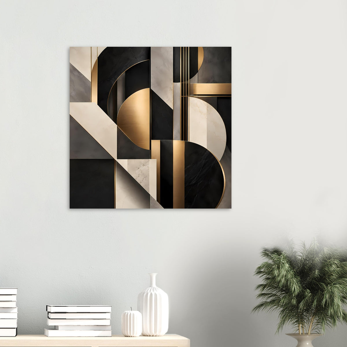 Geometrisches Gold-und-Marmor-Kunstposter, kompakt: Goldlinien, Marmorflächen und schwarze Akzente.