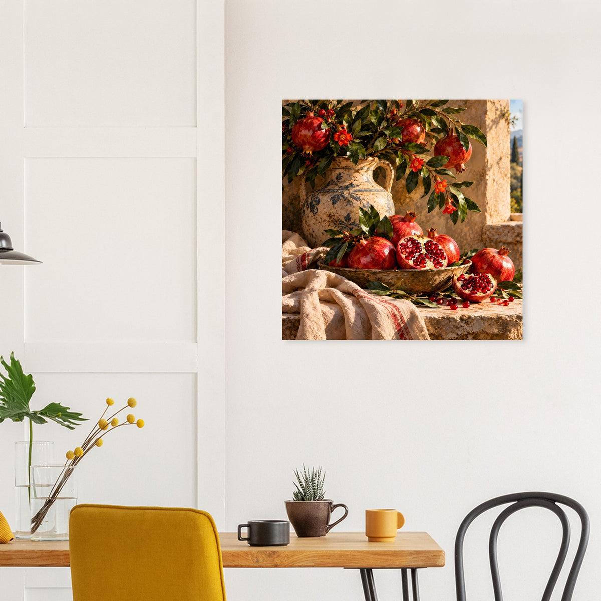 Quadratisches Poster mit Granatäpfeln, Keramikvase und Blättern in warmem Bildausschnitt