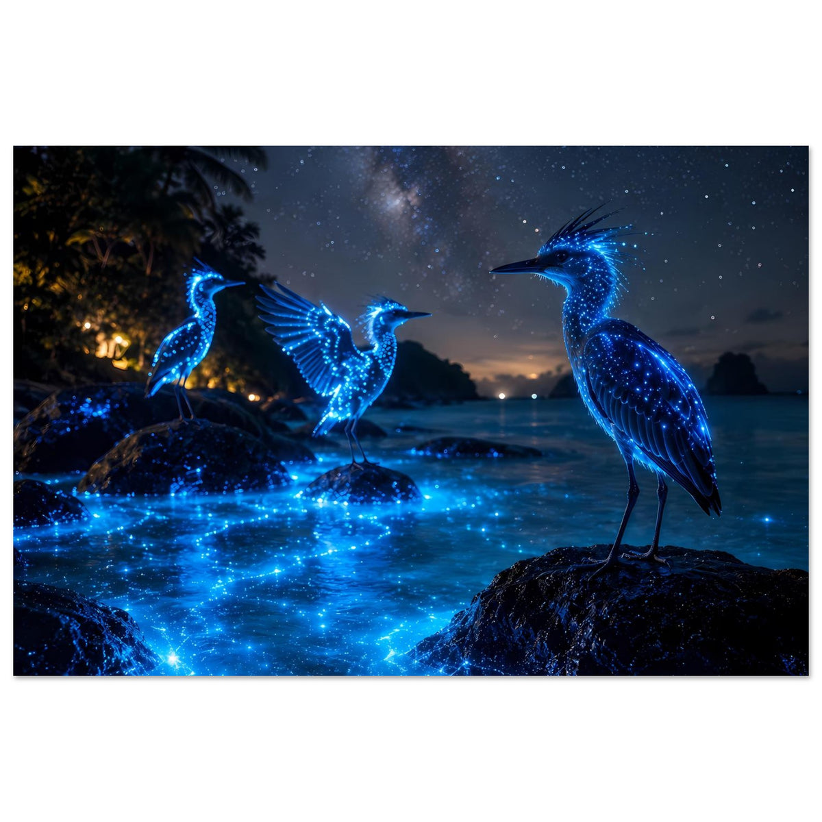 Hochformat-Poster mit drei blau leuchtenden Nachtvögeln, funkelnde Lichtmuster am Boden