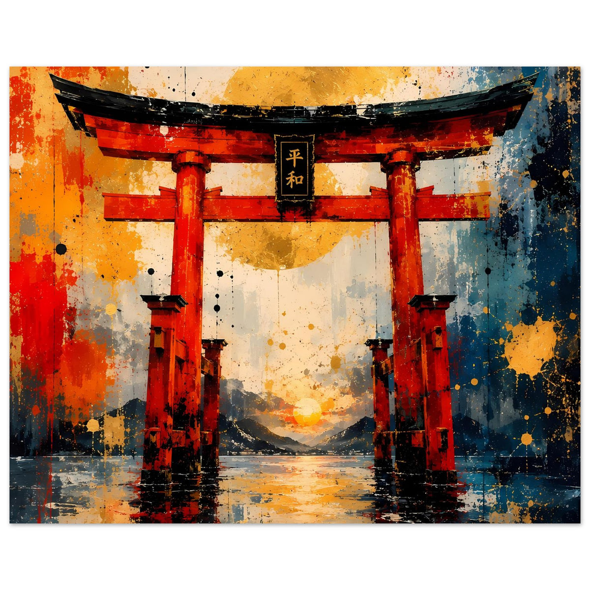 Torii-Tor Poster im Querformat: rotes Tor mit schwarzem Dach, abstrakte Spritztexturen im Hintergrund