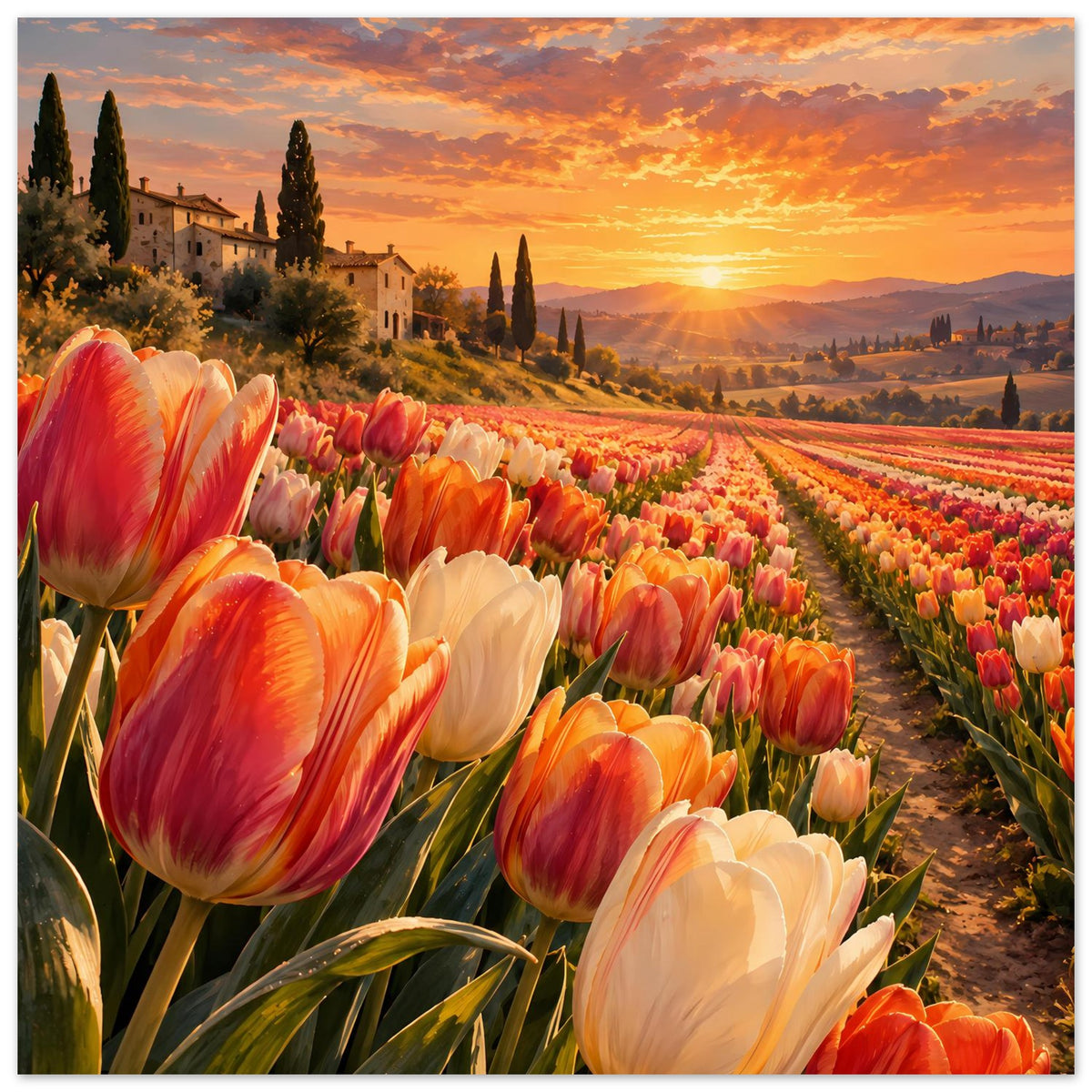 Horizontales Poster mit Tulpen im Vordergrund und Sonnenuntergang