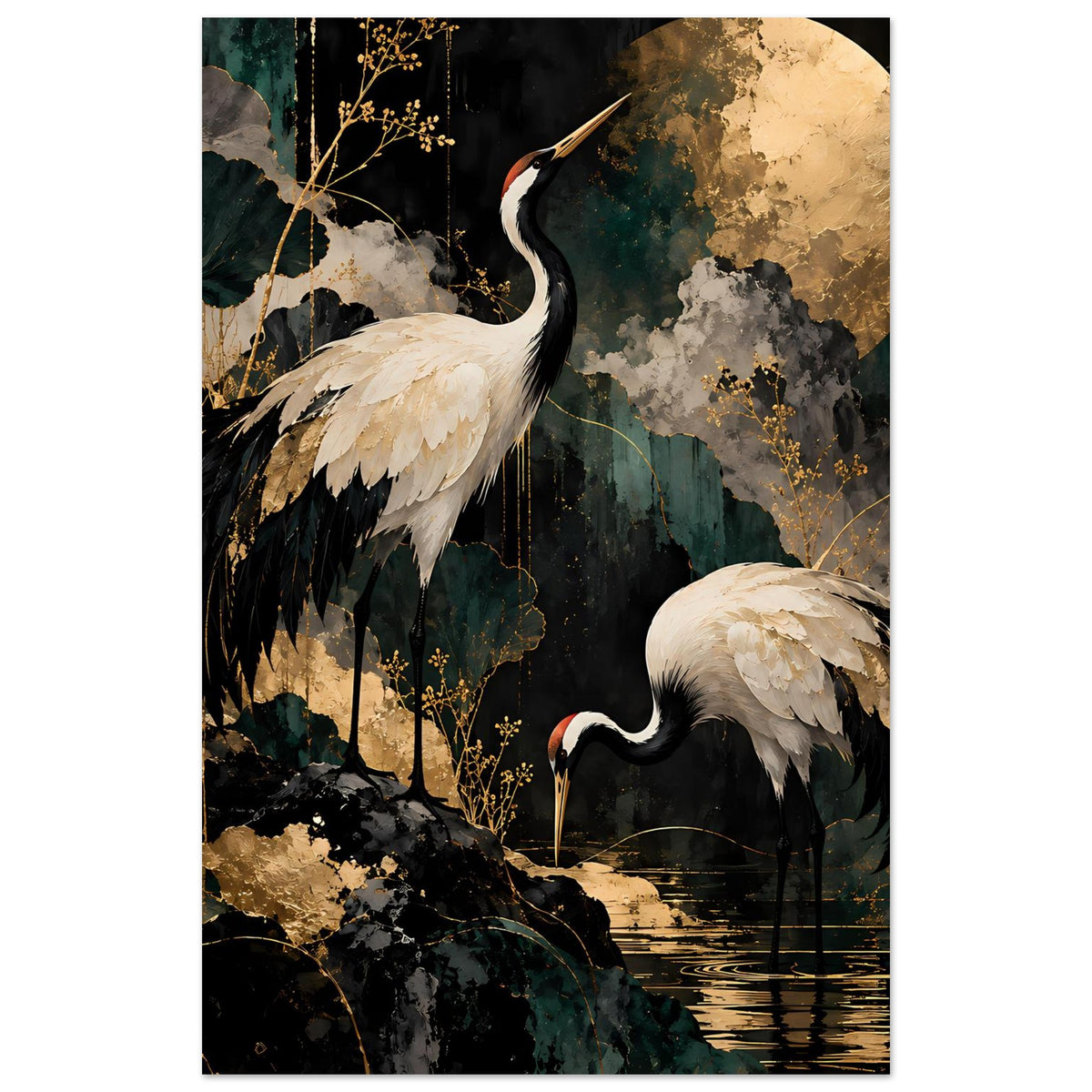Kunstposter: zwei Kraniche im Vordergrund, goldene Zweige und großer gelblicher Mond