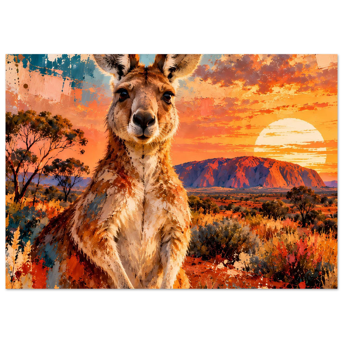 Känguru-Sonnenuntergangsposter auf mattem Papier, Panorama-Crop mit Sonne und Buschwerk