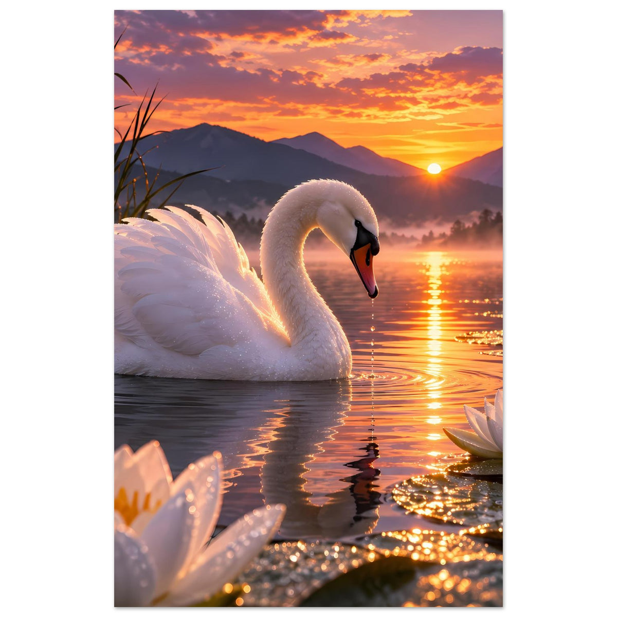 Poster im Hochformat mit weißem Schwan und Seerosen am rechten Bildrand
