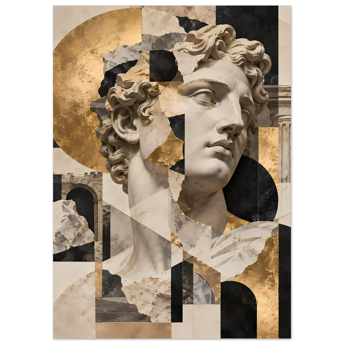 Kunstposter mit Statuenmotiv, halbfarbige Flächen und Goldakzente in Beige und Dunkelgrau