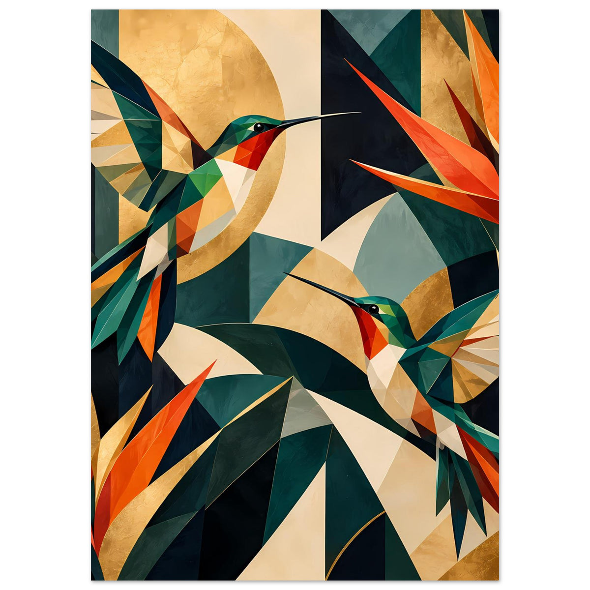 Geometrisches Kunstposter mit Kolibris in Grün- und Orangetönen, klarer Musteraufbau