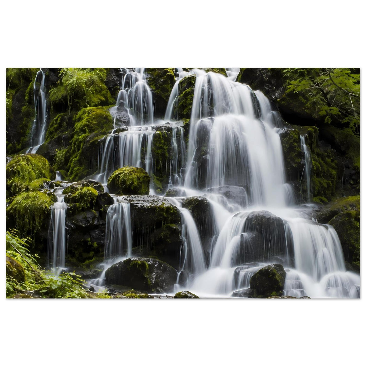 Wasserfall-Poster mit Wasserfällen und grünem Moos, breiter Zuschnitt