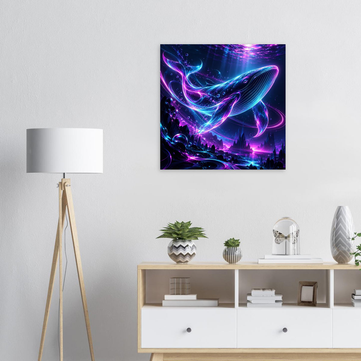 Quadratisches Poster, schwarz gerahmt: Neon-Wal in Blau und Pink im Unterwasserlicht