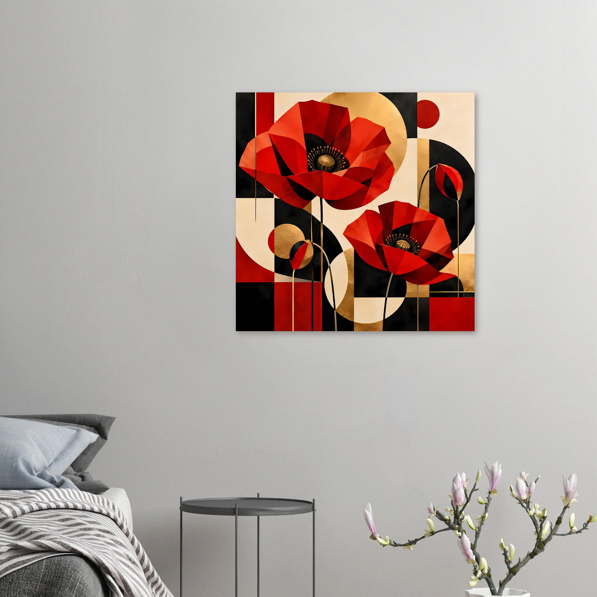 Kleines Kunstposter mit abstrakten roten Mohnblumen und goldenen Akzenten an der Wand.