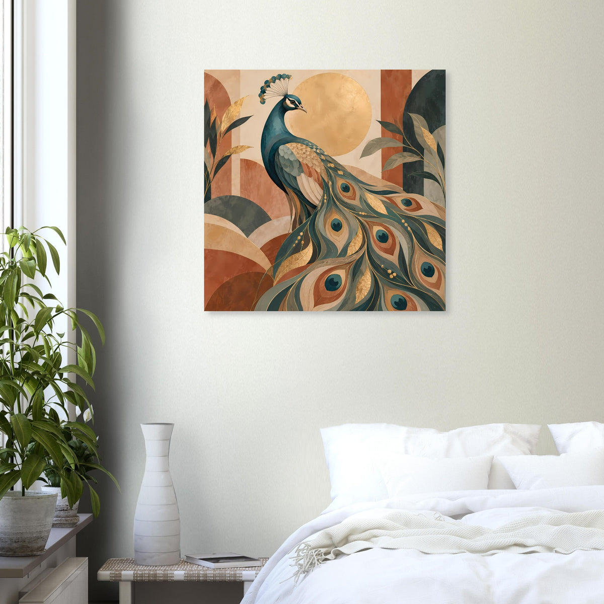 Quadratisches Pfau-Poster mit Pfau im Profil, warmen Farbtönen und goldener Kreisfläche