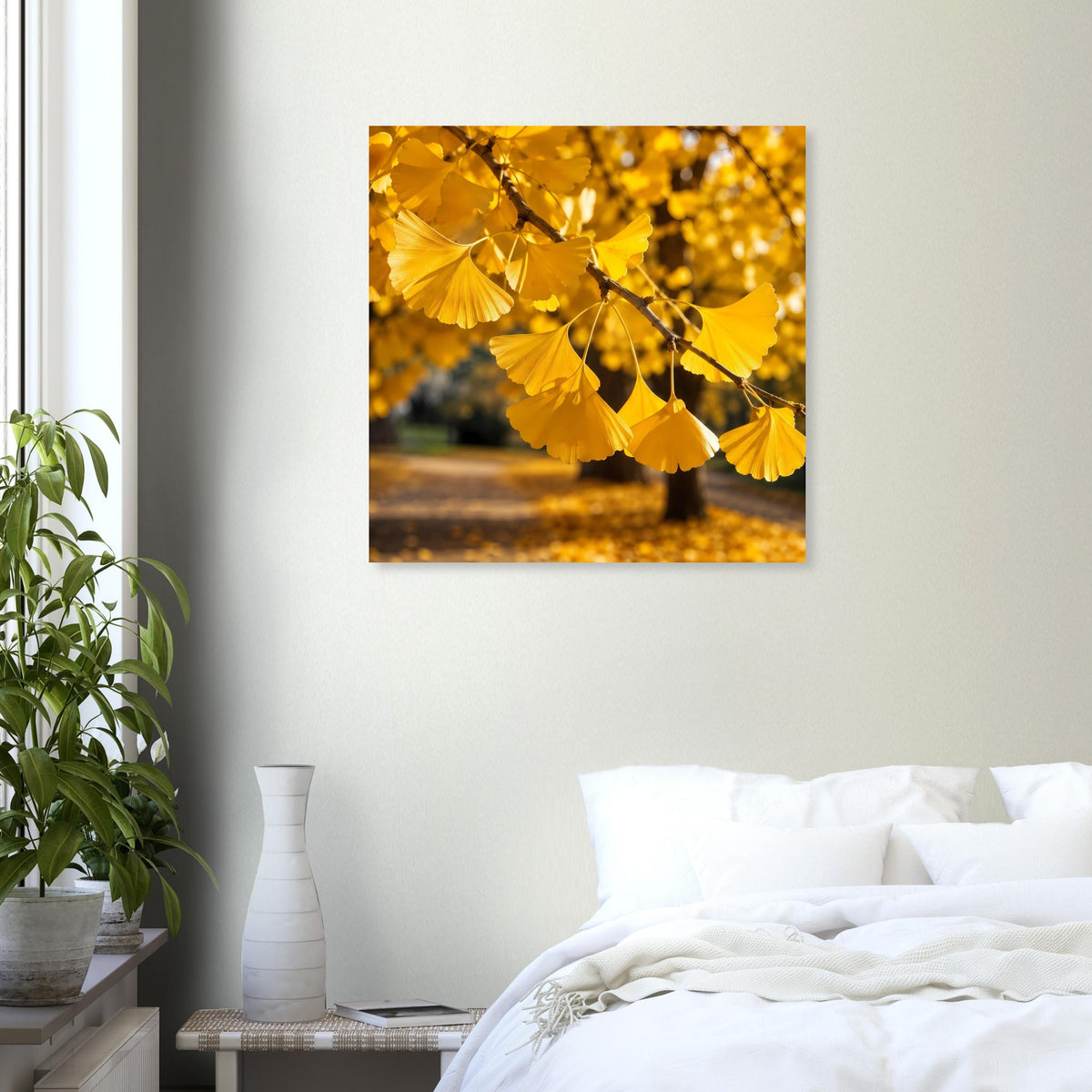 Poster mit gelben Ginkgo-Blättern an Zweigen, quadratisch