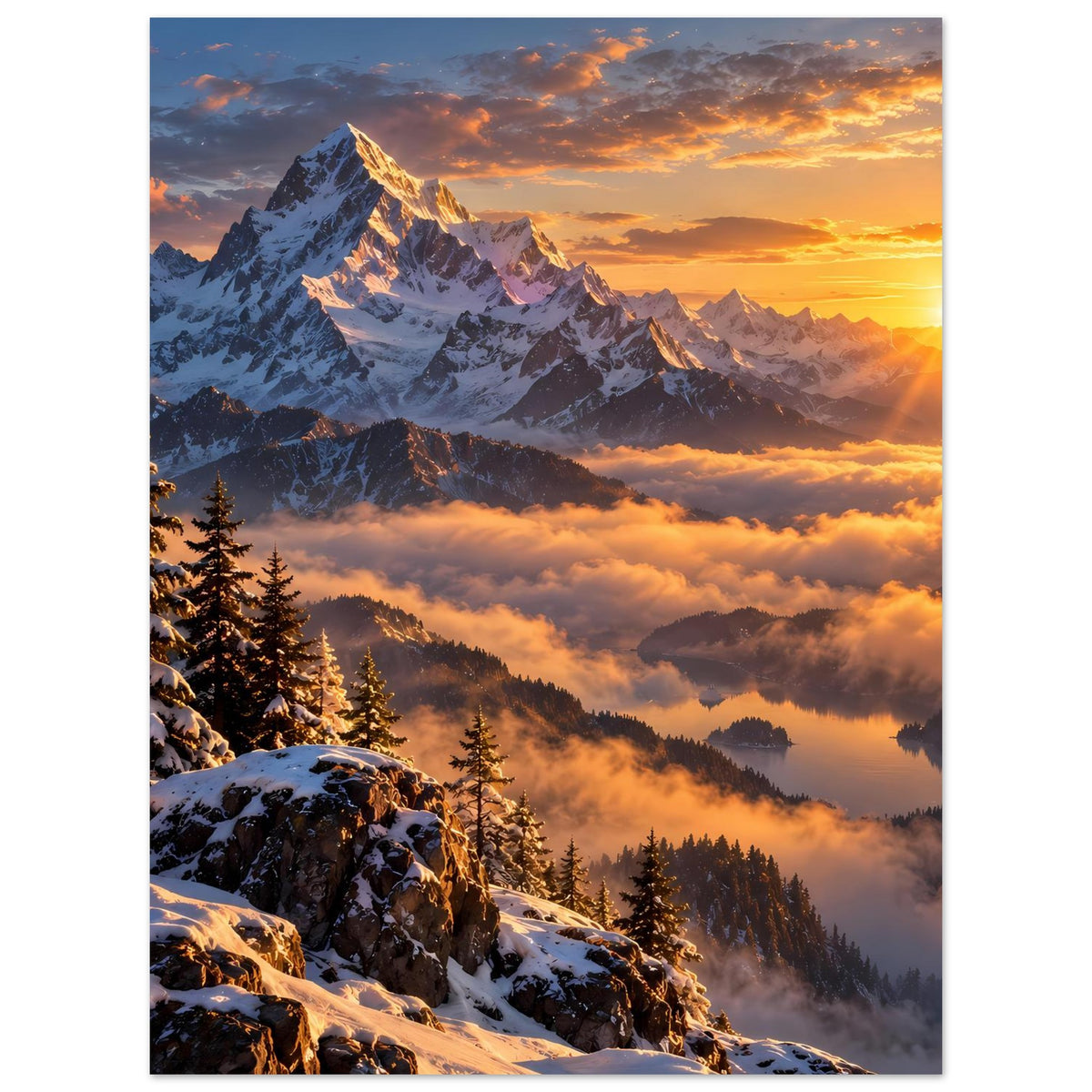 Poster mit verschneitem Alpenberg, Tannenwald und goldener Sonnenaufgangs-Stimmung über Wolken