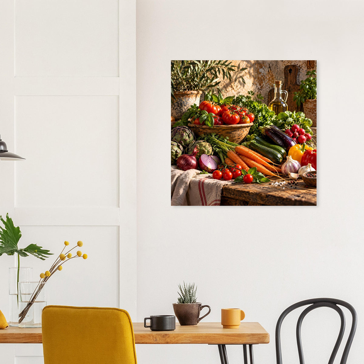 Küchenposter mit buntem Gemüse vor rustikaler Tischdecke, quadratisch