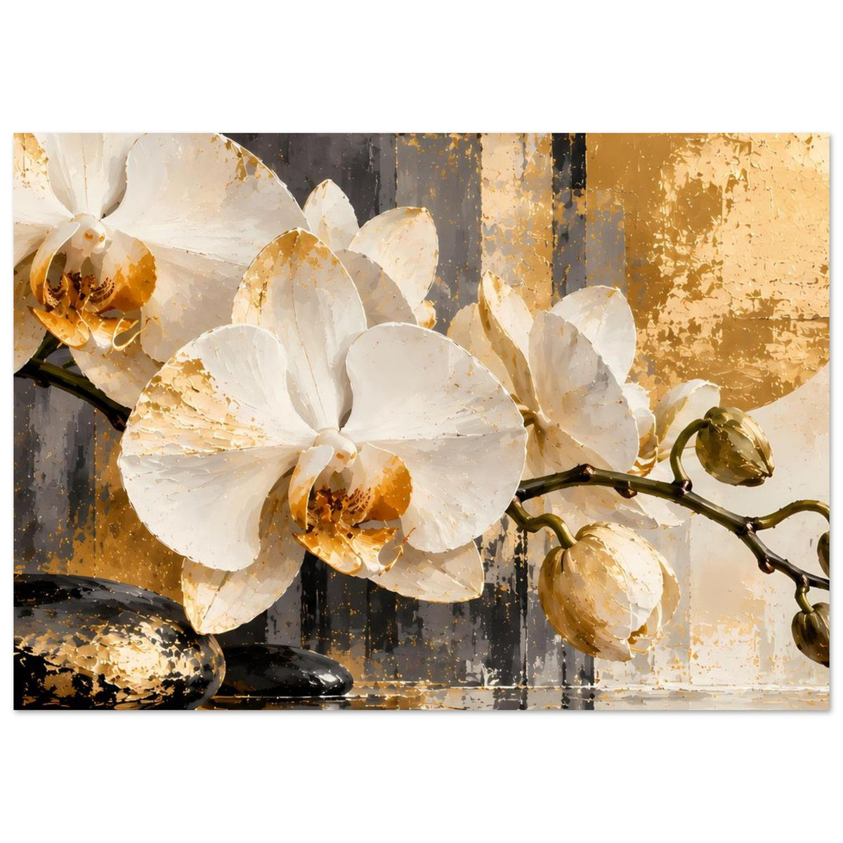 Orchideen-Poster mit weißen Orchideenblüten, goldgelben Tupfen und schwarzem Farbverlauf