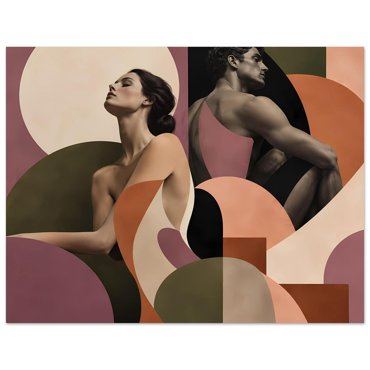 Figurenposter mit abstrakten Frauenfiguren im Paar-Layout, Terrakotta- und Mauvefarben, geometrische Formen