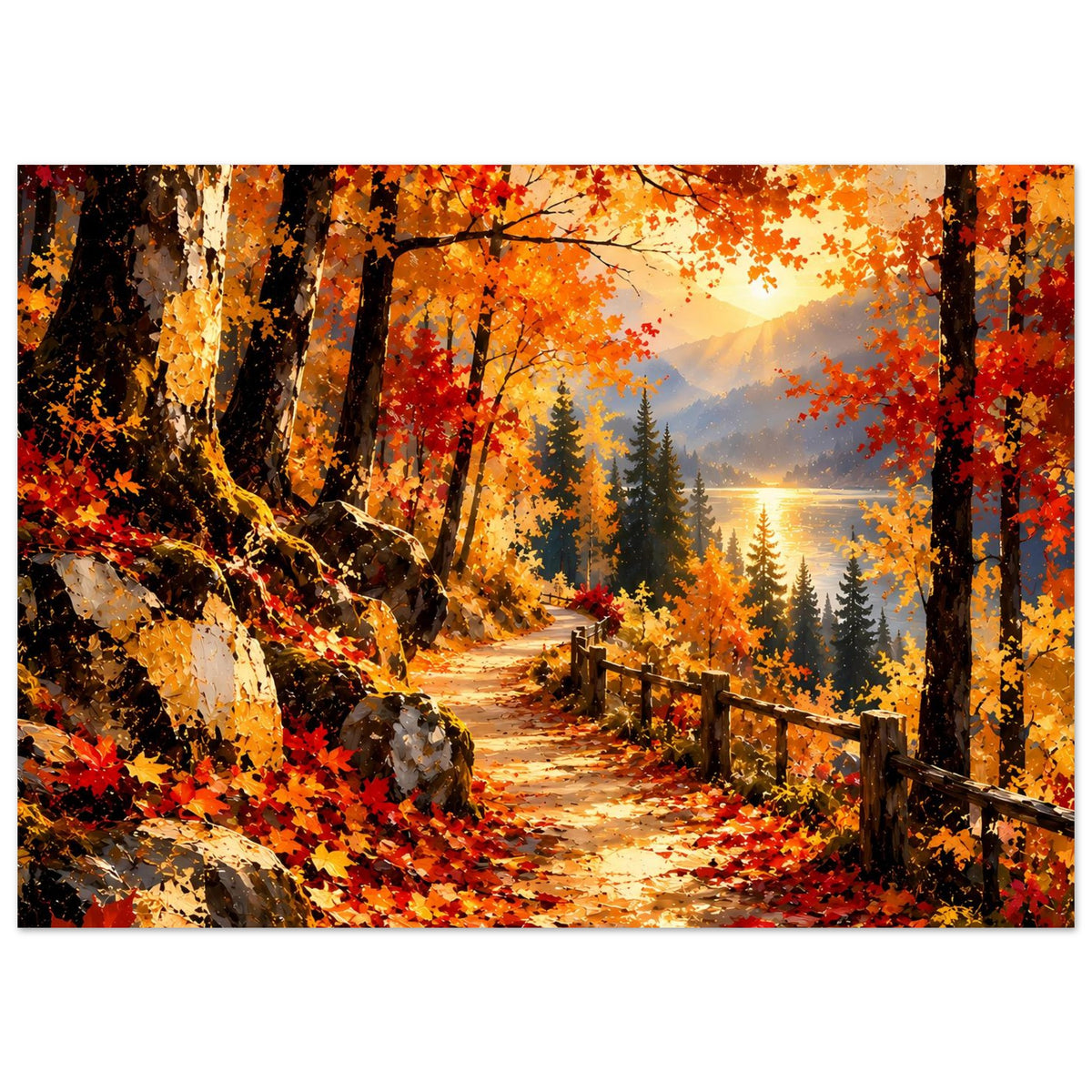 Herbst-Wanderweg-Poster im Querformat: Laubpfad durch den Wald mit Sonnenuntergang und Zaun.