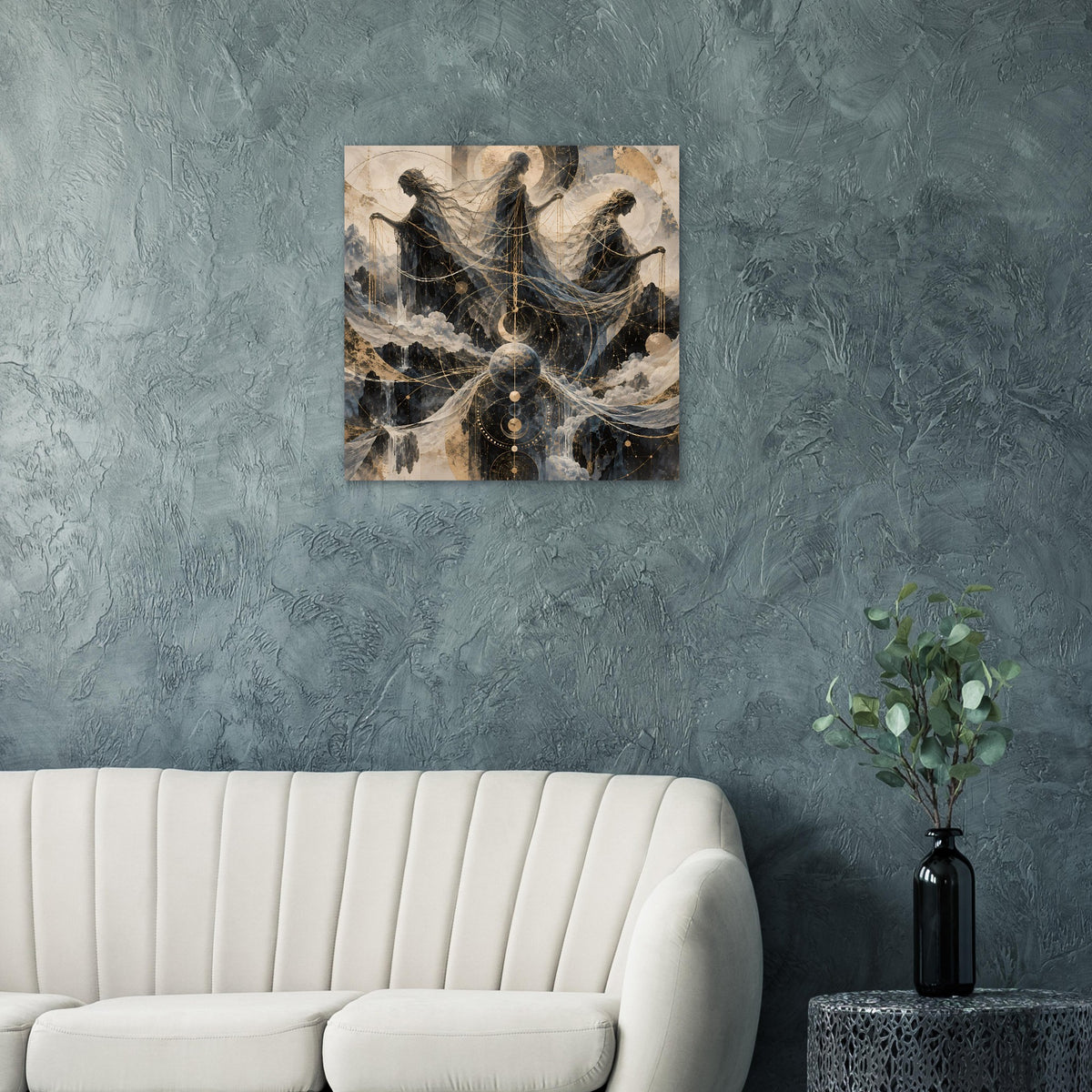 Quadratischer Posterdruck „Mystische Dreifaltigkeit“ mit goldenen Kreisornamenten und dunkler Wolkenfigur