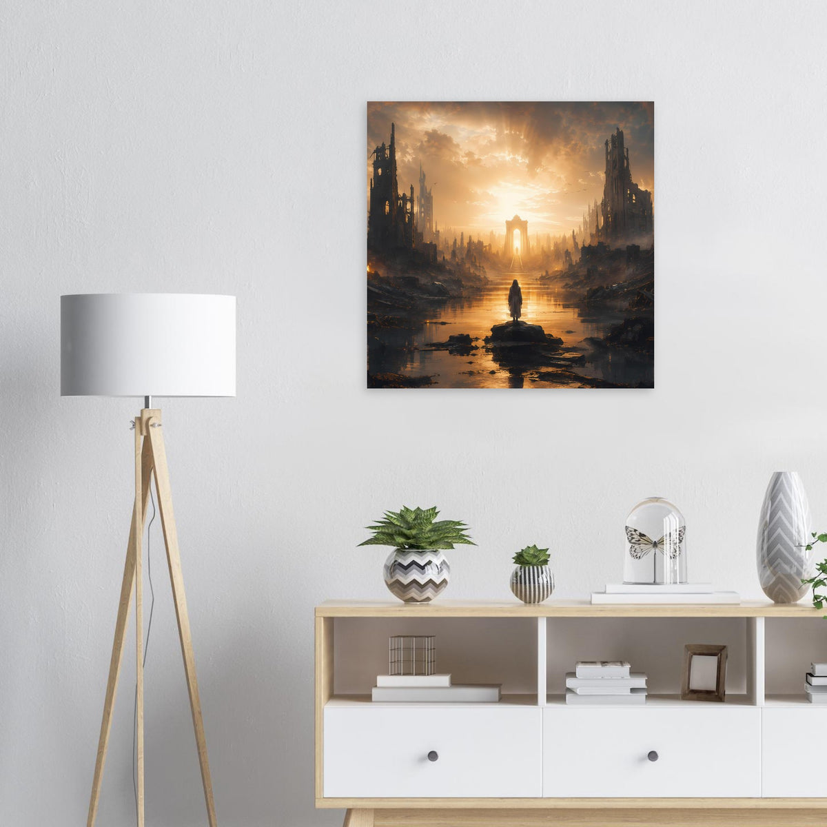 Wandposter mit Sonnenaufgang, verwüstete Stadt-Silhouetten und Figur auf Wasser