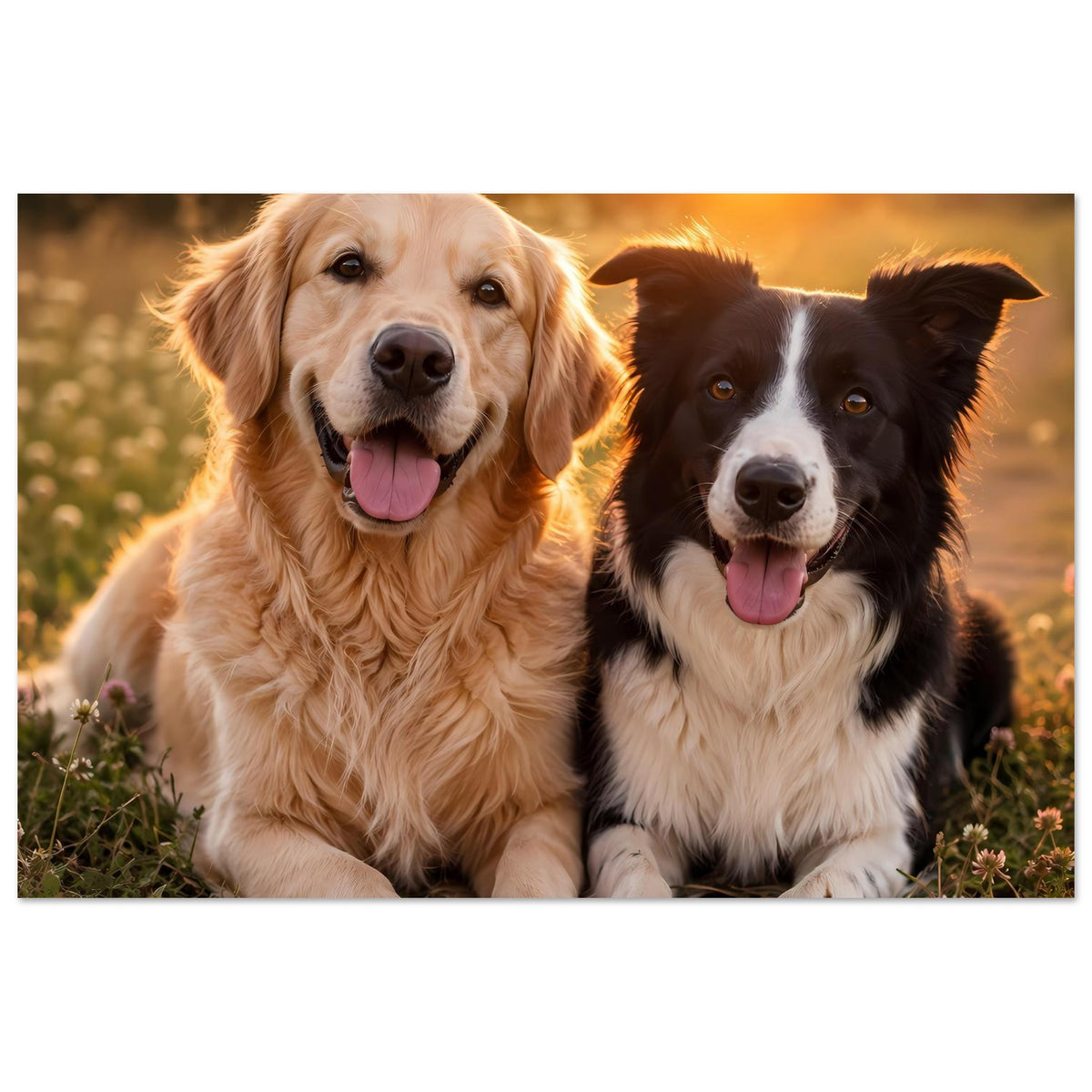 Poster mit Hunde-Porträt: gelber und schwarzer Hund schauen in die Kamera, lachende Stimmung