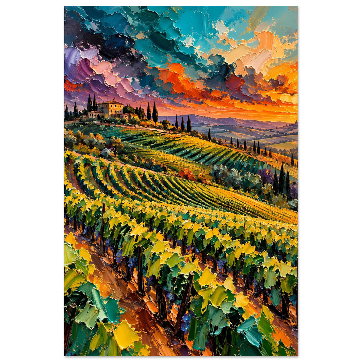 Landschaftsposter mit toskanischem Weinberg, Reihen aus Weinreben bei Sonnenuntergang