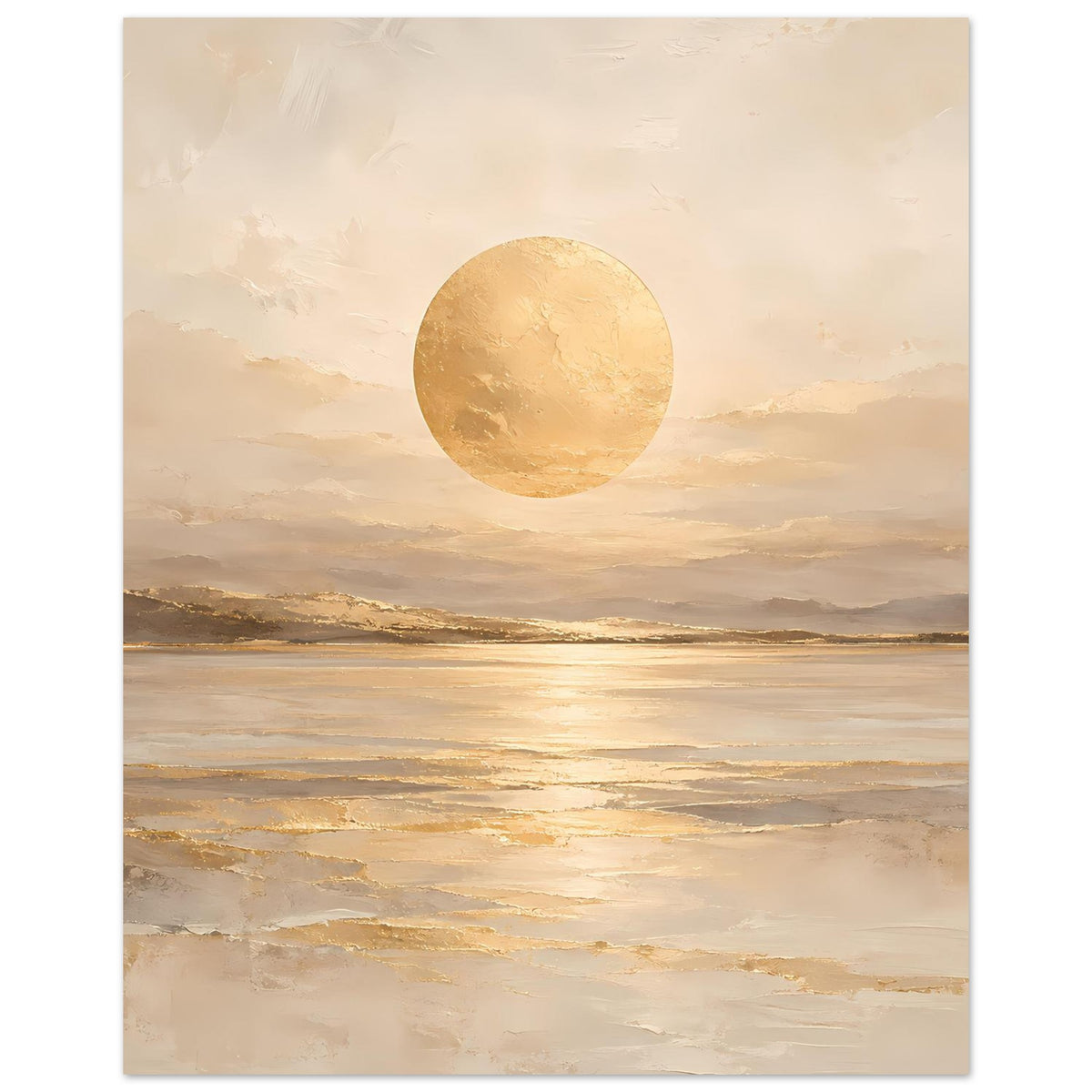 Kunstposter mit goldenem Kreis am Himmel und Meerlandschaft in beige-gold