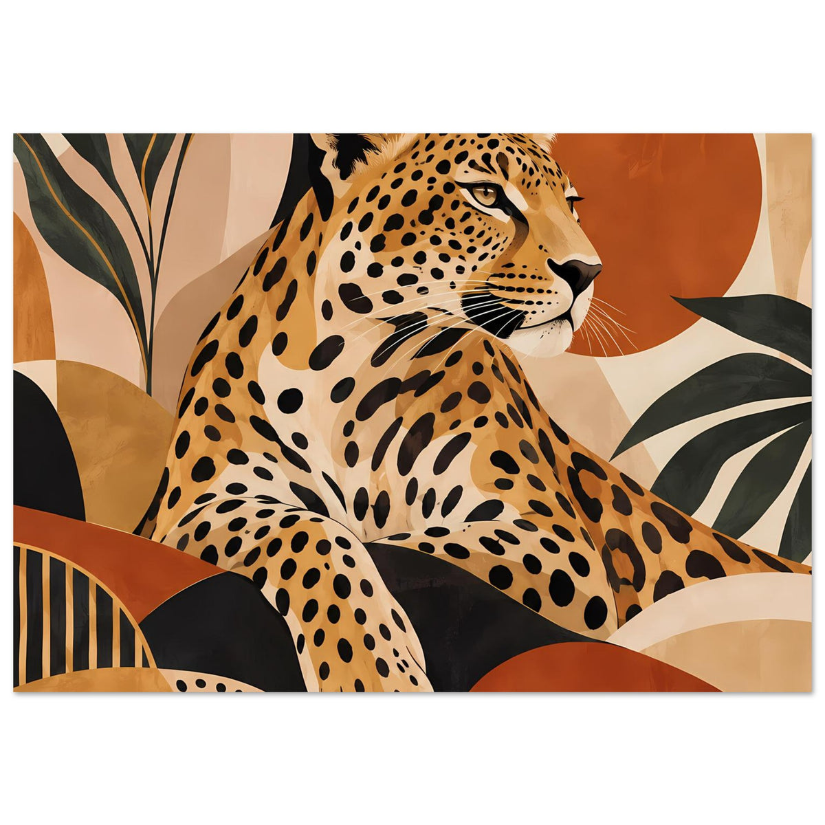 Leopard-Tierposter im Querformat: sitzender Leopardenkörper mit schwarzen Punktmustern