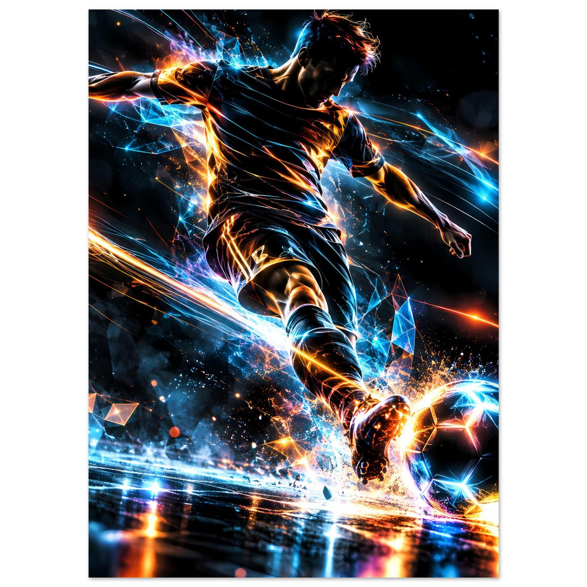 Neon-Fußballposter mit Spieler im Flug, leuchtenden Lichtstreifen und Ball