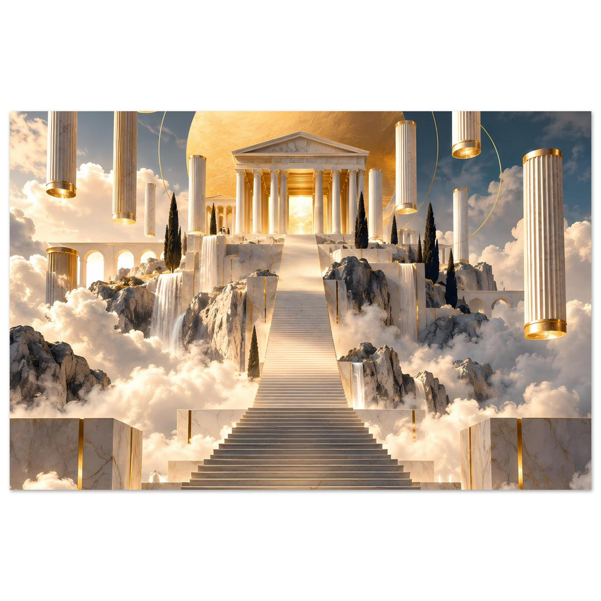 Querformatiges Kunstposter mit Tempel im Zentrum, goldenen Säulen, Treppe und Nebel