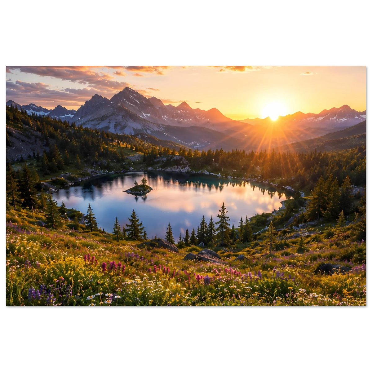 Querformat-Wandposter mit Sonnenuntergang, Bergsee mit Spiegelung und Blumen im Vordergrund