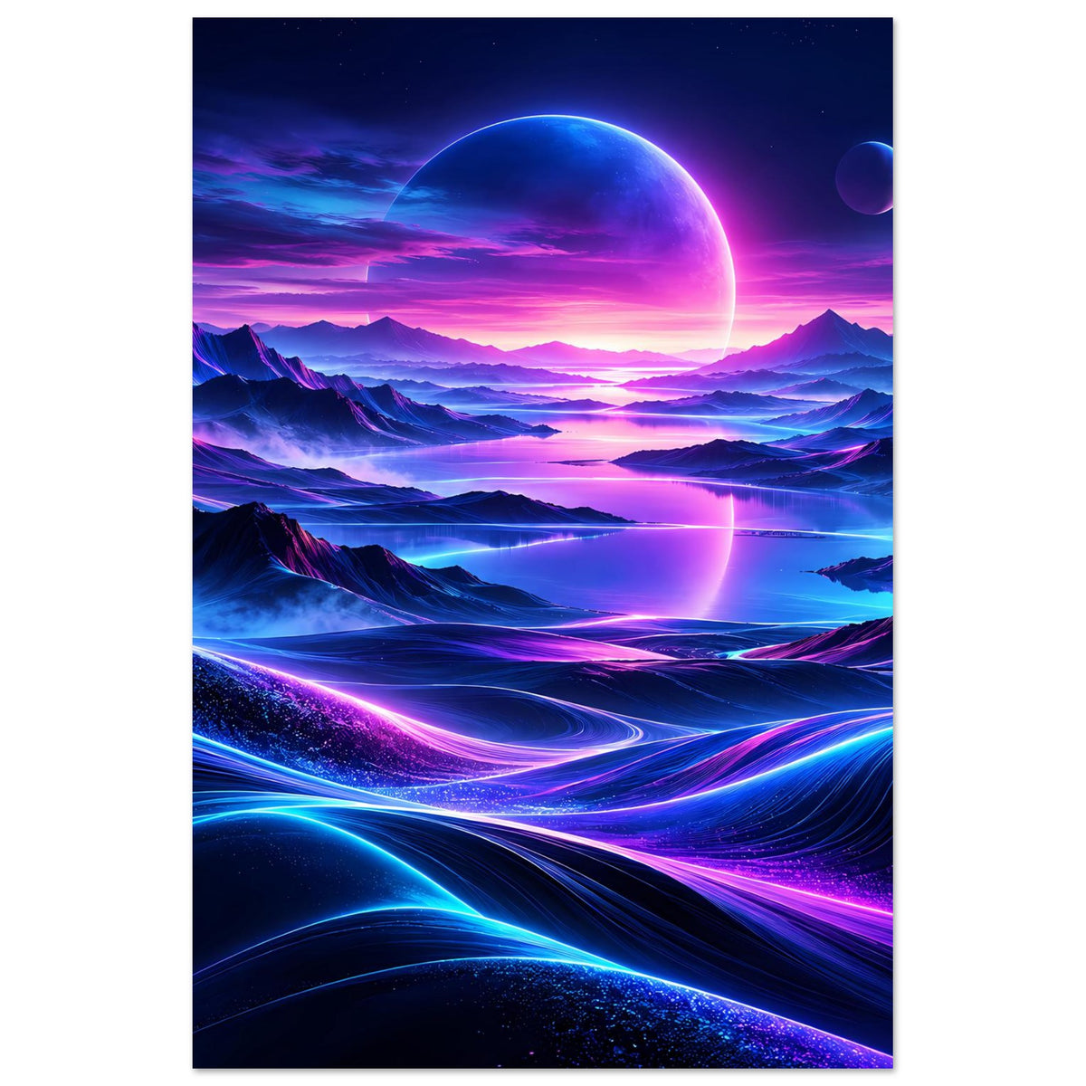 Vertikales Neon-Weltraum-Poster mit großem Planetenkreis und funkelnden blau-violetten Bahnen