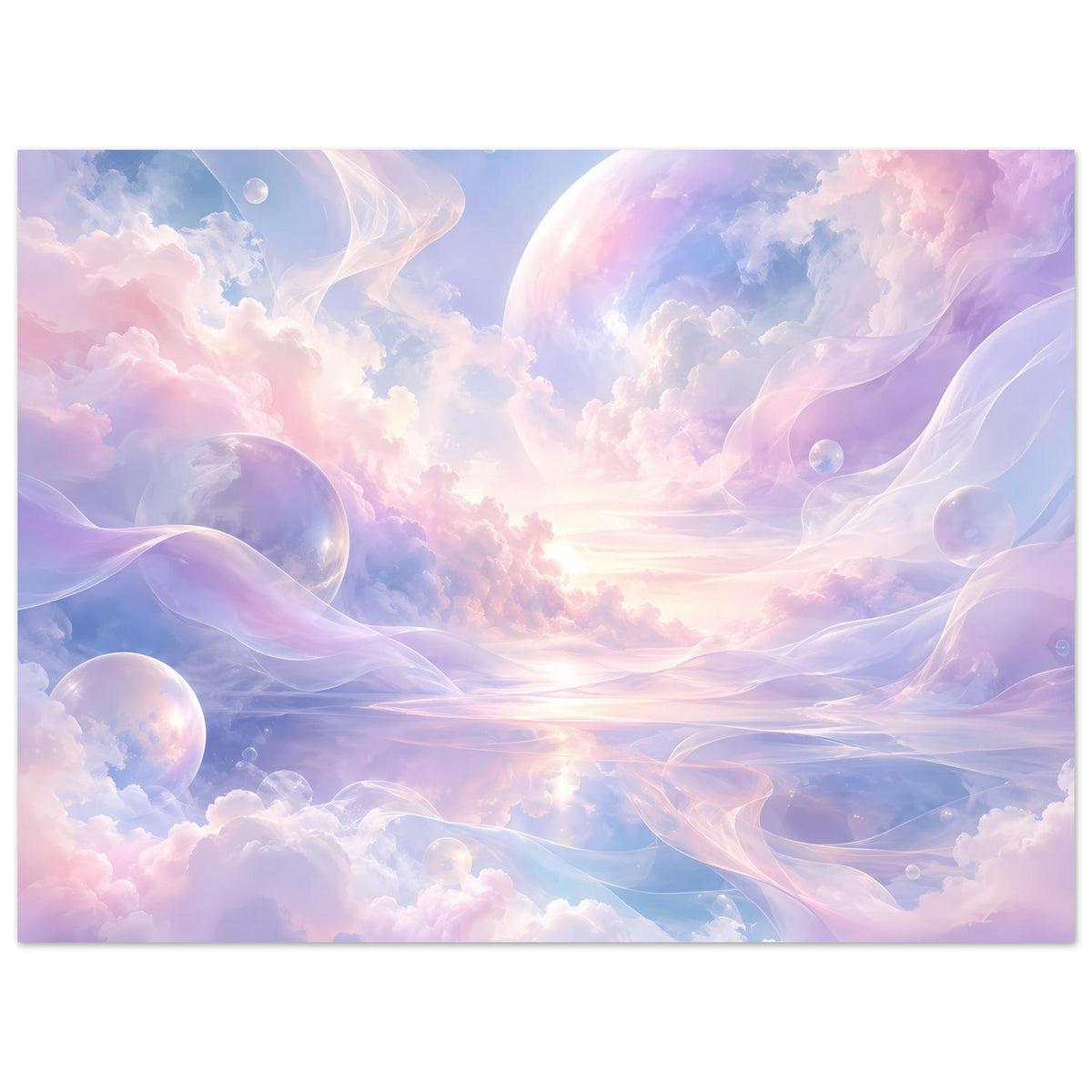 Poster mit pastellfarbenem Wolkenhimmel, großen Planeten und schimmernden Blasen im Motiv